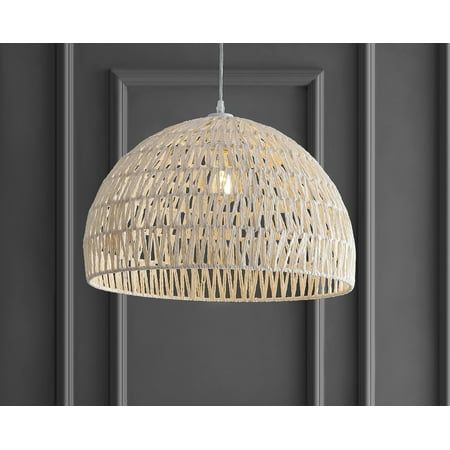 Modern design meets traditional craftsmanship in our ivory woven dome pendant. Made from paper wicker woven onto a sturdy metal frame, this ceiling fixture adds a Bohemian touch to your living room, bedroom, or dining room. Additionally, the drop is adjustable from 16" to 88", making it suitable for a ceiling of any height. Size: 20".  Color: Off-White. Coastal Entryway Lighting, Modern Coastal Entryway, Paper Wicker, Tiny Island, Basket Lighting, Bohemian Modern, Transitional Wall Sconces, Cool Floor Lamps, Woven Rattan