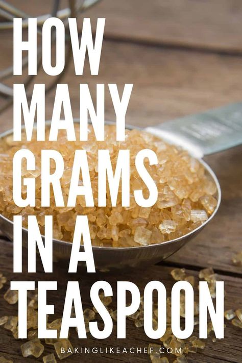 Want to know how many grams in a teaspoon? Learn what gram and teaspoon are, and enjoy gram to teaspoon ingredient conversion charts. | www.bakinglikeachef.com Gram Conversion Chart, Grams To Cups, Cups To Grams, Tablespoon Conversion, Teaspoon Measurement, Baking Conversion Chart, Measurement Conversion Chart, Baking Conversions, Half And Half Recipes