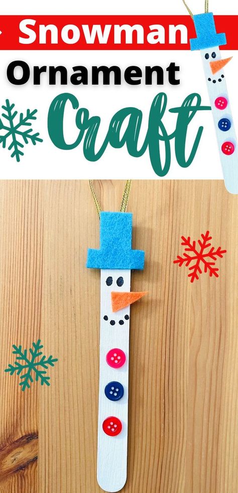 easy snowman ornament craft Popsicle Stick Snowman, Snowman Ornaments Diy, Snowman Ornament Craft, Diy Tree Decorations, Diy Snowman Ornaments, Christmas Ornaments For Kids, Preschool Christmas Activities, Diy Tree Decor, Ornaments For Kids