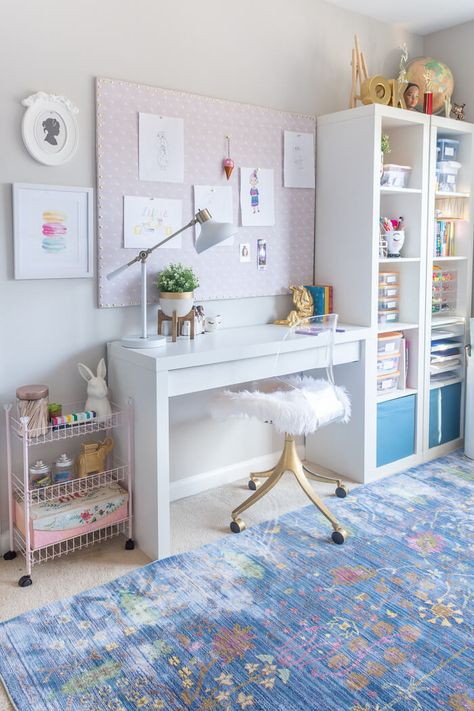 Love this Ikea malm desk and kallax shelf for girls bedroom storage along with this huge DIY bulletin board. Malm Desk, Ikea Malm Desk, Girls Bedroom Storage, Kallax Shelf, Big Girl Bedrooms, Ikea Malm, Bedroom Desk, Bilik Tidur, Room Challenge