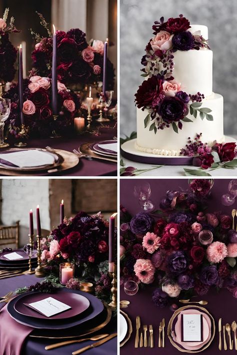 Purple and Burgundy Wedding: Gorgeous Dark Purple, Burgundy, and Pink Wedding Ideas - Francisca's Bridal Pink Burgundy Black Wedding, Burgundy And Purple Wedding Flowers, Burgundy Lavender Wedding, Plum Wedding Palette, Burgundy Wedding Themes, Fall Wedding Purple And Green, Dark Purple And Cream Wedding, Purple Red Gold Wedding, Eggplant Wedding Colors Fall