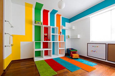 Playroom Paint, Colorful Playroom, Kids Playroom Decor, Playroom Rug, Striped Walls, Playroom Design, Attic Renovation, Wall Paint Designs, Attic Rooms