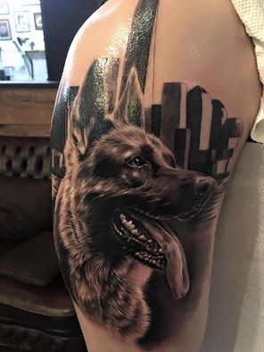 German Shepard tattoo by Ash Higham Shepard Tattoo, Gsd Tattoo, Phoenix Tattoo Sleeve, German Shepherd Tattoo, Tattoo 2022, Rip Dog, Native Tattoos, Phoenix Tattoo, Family Tattoos