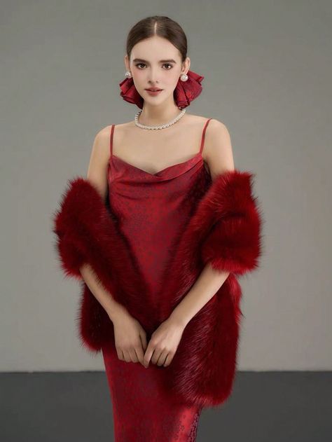 1pc Women's Faux Fox Fur Shawl/Wrap For Wedding, Festival Dress, Easy-Matching Shawl/Cape, Elegant GiftI discovered amazing products on SHEIN.com, come check them out! Prom Dress With Fur Shawl, Red Fur Shawl, Dress With Fur Shawl, Red Dress Fur, Karma Outfit, Burgundy Fur Coat, Burgundy Dress Outfit, Black Tie Outfits, Faux Fur Wedding