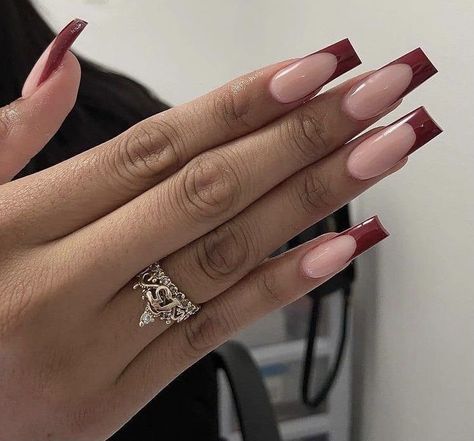 Maroon Acrylic Nails Coffin Designs, Wine Colored Acrylic Nails, Cherry Wine Nails Acrylic, Cherry Wine French Tip, Dark Cherry French Tip Nails, Wine Red French Tip Nails Square, Cherry Red French Tip Nails Square, French Tip Nails Dark Red, Red Wine Acrylic Nails