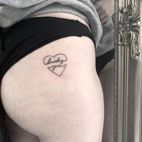 Lucky You Tattoo Pelvis, Lucky You Tattoo, Lucky Tattoos, Inner Thigh Tattoos, Gary Valentine, Tattoo Fixes, Lucky Tattoo, Tattoos Inspo, Shapewear Bodysuit