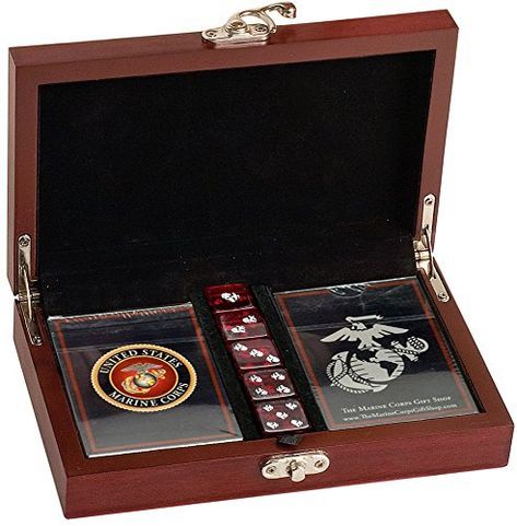 PRICES MAY VARY. PERFECT FOR GAME NIGHT: Set includes two decks of cards and five EGA-marked translucent Marine Corps dice. Perfect for your poker or game night. The wooden box features a beautiful a 3D Metal USMC EGA emblem. EXCLUSIVE U.S. MARINES DESIGN: The card backs feature the Marine Corps logo, and instead of traditional card faces, ours display USMC rank insignia – Private First Class through General. These cards are great for retired, active, and current military members. Marine Corps d Usmc Ranks, Usmc Emblem, Marine Corps Gift, Usmc Veteran, Marine Corps Veteran, Dice Gifts, Marine Veteran, Deployment Gifts, United States Marine Corps