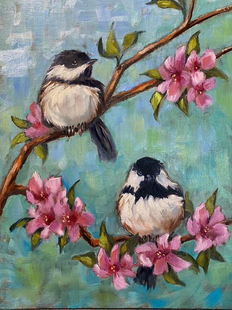 Birds With Flowers Painting, Bird In Tree Painting, Birds With Flowers Drawing, Birds On Tree Painting, Birds In A Tree Painting, Paintings Of Birds And Flowers, Bird Flower Painting, Bird On A Branch Painting, Birds And Trees Painting