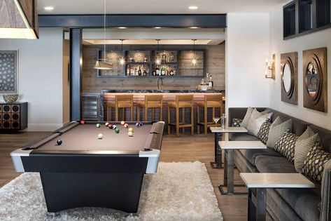 Lake House Basement, Modern Game Room, Finish Basement, Contemporary Family Room, Small Game Rooms, Pool Table Room, Basement Layout, Artisan Home, Modern Basement