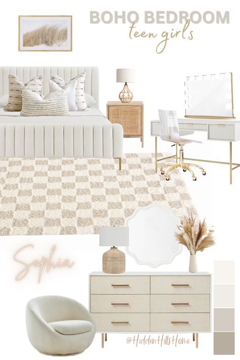 Boho girls bedroom decor mood board with a neutral color scheme! Cute bedroom decor ideas for teen girls room Nutral Girls Bedroom Ideas, Cute Rooms Teen Girl, White And Gold Boho Bedroom, Neutral Boho Bedroom Decorating Ideas, Girls Bohemian Bedroom Ideas, Youth Girls Bedroom Ideas, Accent Wall Room Ideas, Neutral Teenage Girls Room, Trendy Teen Girl Bedroom