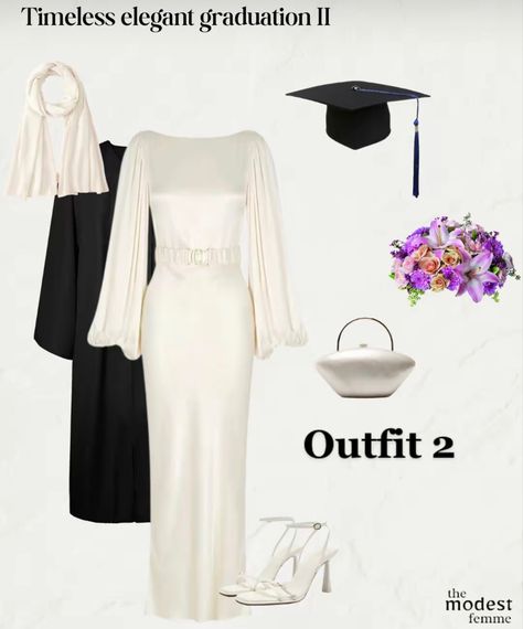 Dress For Graduation University, Modest Graduation Outfit, Hijabi Graduation, Graduation Outfit Ideas Hijab, Modest Graduation Dress, University Graduation Dresses, Graduation Dress Designs, White Grad Dress, Graduation Ceremony Outfit