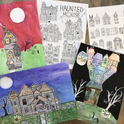 Haunted House Project, Haunted House Art, Halloween Art Lessons, Haunted House Drawing, Art Rubric, Kid Friendly Art, Halloween Lesson, Art Education Projects, Halloween Art Projects