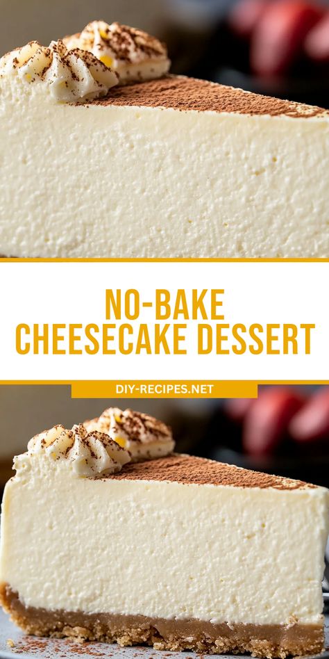 Impress your guests with this No-Bake Cheesecake! A velvety filling on a crunchy graham cracker crust—perfect for any occasion. Low Sugar Cheesecake Recipes, No Cook Cheesecake Recipes, Easy Cheesecake No Bake, Cheesecake Filling No Bake, No Bake Cheesecake Recipes Easy, Easy No Bake Cheesecake Recipes, Easy Cheesecake Recipes No Bake, No Bake Cheesecake Easy, Best No Bake Cheesecake Recipe