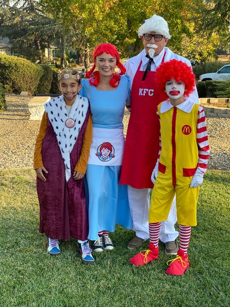 Fast Food Mascot Halloween Costumes, Halloween Fast Food Costumes, Wendy’s Fast Food Costume, Wendy’s Halloween Costumes, Ronald Mcdonald And Hamburglar Costume, Mcdonald's Characters Costumes, Fast Food Characters Costumes, Ronald Mcdonald Halloween Costumes, Dunkin Costume