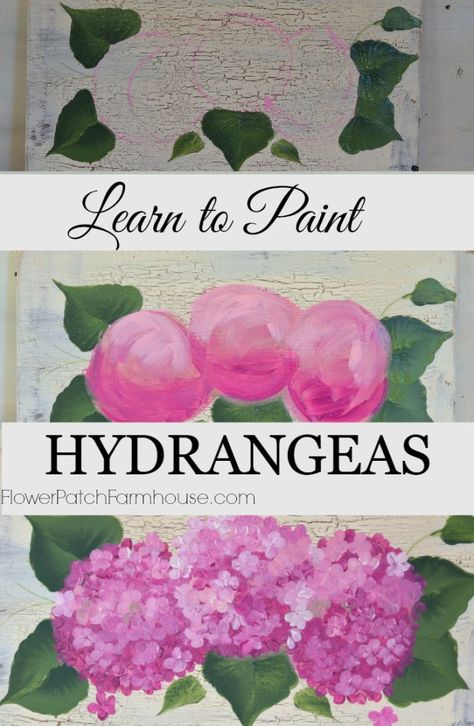 How to Paint Hydrangeas, a tutorial on hand painting these lovely blooms, complete with video, FlowerPatchFamrhouse.com Paint Hydrangeas, Hydrangea Painting, Flowers Painted, Acrylic Painting Techniques, Painting Lessons, Painting Class, Hand Painting, Painting Tips, Learn To Paint