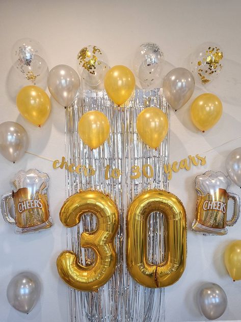 "Great 30th birthday decoration set!  Please read the entire description before purchasing, the instructions are included in the description.   Kit Includes: -40\" Gold 30 Numbers (measure  s 40\" uninflated, 32'-33\" filled) -7 Gold Balloons -7 Silver Balloons -4 Confetti Balloons  -Silver Curtain 1 meter x 2 meters -Cheers to 30 Years Banner -2 Beer Balloons ⓘ Fishing line, tape, command hooks, ribbon, and additional hanging items are not included unless stated otherwise. Balloons will arrive