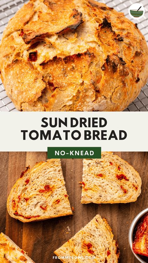 This No-Knead Sun Dried Tomato Bread has a crunchy and crispy crust on the outside, an airy and fluffy crumb on the inside, and a ton of chewy sun dried tomatoes throughout. Vegan. Sun Dried Tomato Bread, Artesian Bread, Garlic Baked, Dutch Oven Bread, Tomato Bread, Herb Bread, Artisan Bread Recipes, Asiago Cheese, Dutch Oven Recipes