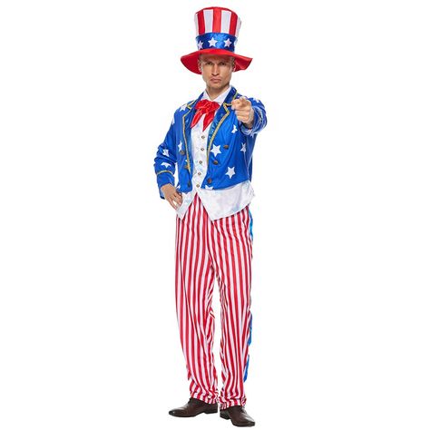 PRICES MAY VARY. 【THE ICONIC LOOK】Wearing a blue red vest and top hat with stars stripes, You are Uncle Sam 【UNIQUE DESIGN】Blue and white star flag design all over jackets, hats and pants, you will get many compliments in patriotic party 【COSTUME COMPONENTS】Blue and white star jacket, red and white striped pants, bow tie, and hat included 【VARIOUS OCCASION】Perfect for Independence Day, Political Event, Halloween Cosplay Parties, Theme Costumes, Carnival, Easter and more 【SPECIAL ATTENTION】Hand W Theme Costumes, Uncle Sam Costume, Fancy Dress Ideas, Hat Tip, Flag Dress, Stylish Headbands, July Fourth, Red Vest, Patriotic Party