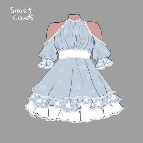 Fluffy Dress Drawing Reference, Blue Clothes Drawing, Ocean Outfit Ideas, Fluffy Dress Drawing, Blue Outfit Drawing, Outfit Ideas For Art, Clothes Sketches Design Ideas, Art Clothing Ideas, Cute Dress Drawing