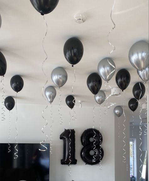 Black And Silver Mens Birthday, Black Birthday Decorations Party Ideas, Silver Black Theme Party Decoration, Black And Sliver Balloons, Black Silver Bday Decor, Black And Chrome Birthday, Black And White Decorations Birthday, Birthday Decorations Black Sliver, 18th Birthday Silver Theme