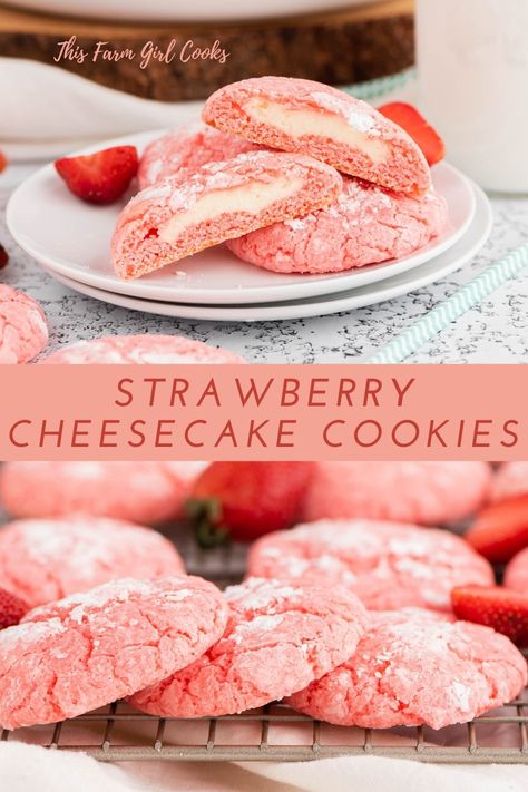 Strawberry Cake Cookies, Drizzle Icing, Cheesecake Cookies Recipes, Strawberry Cake Mix Cookies, Bake Sale Treats, Beaux Desserts, Dessert Cookies, Bake Sale Recipes, Strawberry Cake Mix