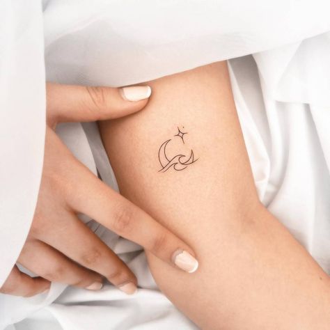 Minimalistic moon, wave and star tattoo located on the Minimalist Coordinates Tattoo, Minimalist Inner Arm Tattoo, Sun Moon Mountain Wave Tattoo, Moon Over Ocean Tattoo, Moon Star Tattoo Designs, Minimalistic Wave Tattoo, Star And Cloud Tattoo, Minimalistic Ocean Tattoo, Dainty Wave Tattoo