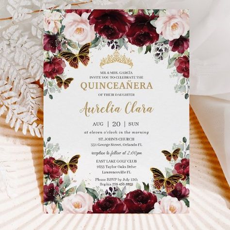 $1.98 | Quinceañera Burgundy Blush Floral Gold Butterflies - burgundy blush floral quinceanera, quinceañera mis quince xv anos, maroon red pink flowers roses, butterflies garden greenery, gold princess crown tiara, sweet 16 sixteen 16th birthday, digital instant download invites, elegant chic invitation cards, budget economical printed cards, 17th 18th debutante debut party Arch Watercolor, Quinceanera Red, Flowers Arch, Invitations Quinceanera, Lollipop Party, Quince Invitations, Butterfly Invitations, 16 Birthday, Princess Tiara