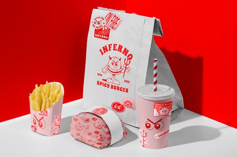 INFERNO I Branding and Visual Identity on Behance Burger Logo Ideas Brand Identity, Burger Branding Design, Restaurant Visual Identity, Food Truck Branding, Food Logo Ideas Creative, Food Logo Ideas, Logo Ideas Creative, Burger Branding, Burger Packaging