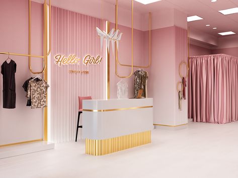 Hello Girl Store on Behance Cloth Ideas, Clothing Store Interior, Salon Suites Decor, Clothing Store Design, Retail Interior Design, Store Design Boutique, Beauty Room Decor, Showroom Interior Design, Boutique Interior Design