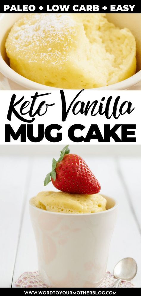 Keto Vanilla Mug Cake, Vanilla Mug Cake Recipe, Raspberry Icing, Vanilla Mug Cake, Low Carb Mug Cakes, Vanilla Mug Cakes, Microwave Cake, Mug Cake Recipe, Mug Cake Microwave