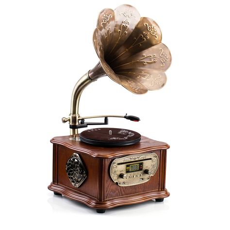 PRICES MAY VARY. ▶Wood Housing and Copper Horn Speaker: This vintage gramophone is meticulously crafted from high-quality wood and feels pleasant to the touch; the unique copper horn gives this gramophone a retro charm. Both materials are extremely durable and stand the test of time. ▶ Supports 2 Speeds (33/45 RPM): It supports playback of records at 33 and 45 revolutions per minute, allowing both classic old songs and modern pop to be played effortlessly. The sound quality is exquisite and the Record Player Vintage, Antique Record Player, Vintage Gramophone, Record Player Speakers, Retro Record Player, Old Radio, Iphone Speaker, Vintage Record Player, Vinyl Player