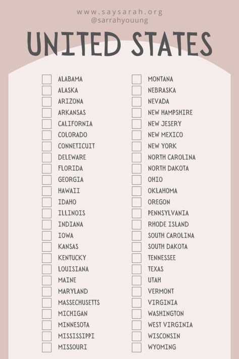 Places To Travel Checklist, Travel All 50 States, List Of 50 States Printable, Road Trip Around The United States, States To Visit In The Us, Things To Do In Each State, 50 States Travel Checklist, Visit All 50 States Bucket List, United States Bucket List