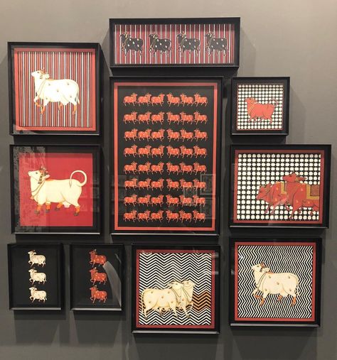 A lovely collection from Pichvai Tradition & Beyond (@pichvaitraditionandbeyond) at the AD Design Show 2019. The ‘Cows & Lotus’ collection… Indian House Interior Design, Pichwai Art, Abstract Art Images, Beaded Pillow, Pooja Room Door Design, Pichwai Paintings, Room Door Design, Indian Painting, Bungalow Design