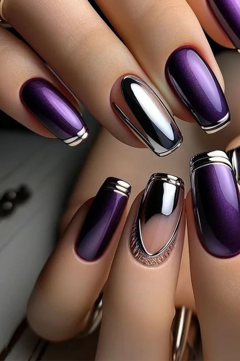 Shine Bright: 29 Gorgeous Metallic Nails You Should Try - Sass Magazine Purple And Silver Nails, Purple Chrome Nails, Purple Chrome, Purple Nail Art, Chrome Nails Designs, Purple Nail Designs, Fancy Nails Designs, Silver Nail, Chrome Nail