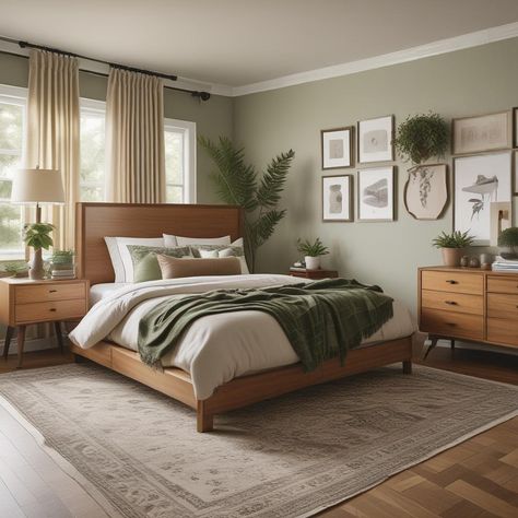 🌿 Cozy bedroom, wood bed & sideboard, white & green bedding, lots of pillows, bench, framed art, lamps, plant, big windows & curtains, rug on wood floor. 🛏️🖼️🌱✨ #odastudioAI #odaAIstudio #odastudio  #bedroomdecor #bedroomideas #bedroomdesign #bedroomstyle #cozybedroom #modernbedroom #bedroominspiration #masterbedroom #bedroomfurniture #bedroominterior Room Inspo Wooden Bed, Bedroom Idea With Window Behind Bed, Bedroom With Oak Floors, Bedroom Ideas Oak Bed, Cozy Bedroom Wood, Big Windows Curtains, Bedroom Inspo Wooden Bed, Green Bed Wood, Wooden Floor Bedroom Ideas