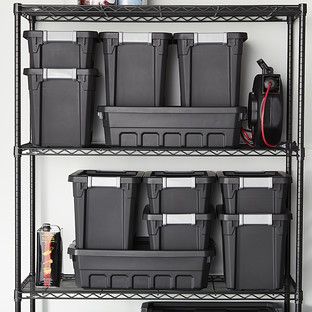 Sterilite Black Stacker Totes Container Store Organization, Record Storage Box, Storage Totes, Integrated Handles, Garage Storage Organization, Plastic Storage Bins, Modular Storage, Shop Storage, Plastic Bins