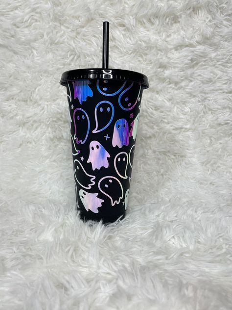 24oz Tumbler Cup Black - Holographic Ghost Deisgn - handmade with permanent vinyl - Happy Halloween Ghost Tumbler Cup, Halloween Custom Cups, Spooky Cup Ideas, Cute Cricut Cup Ideas, Halloween Tumbler Ideas Vinyl, Halloween Cricut Cups, Halloween Cups Designs, Spooky Tumbler Cup, Halloween Cups Diy