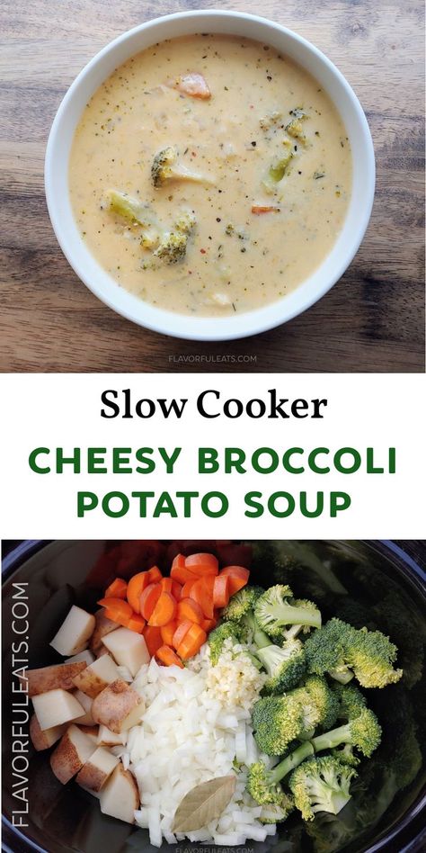 Slow Cooker Cheesy Broccoli Potato Soup is the ultimate bowl of creamy, cheesy deliciousness!  This scrumptious slow cooker soup is loaded with vegetables that can either be left chunky or puréed smooth.  The best way to warm up on a chilly winter day! Loaded Broccoli Potato Soup Crockpot, Potato Broccoli Soup Crockpot, Crockpot Broccoli Potato Soup, Broccoli Potato Soup Crockpot, Crockpot Broccoli Potato Cheese Soup, Cheesy Broccoli Potato Soup, Potato Broccoli Cheddar Soup Crock Pot, Slow Cooker Broccoli Potato Soup, Cheesy Broccoli Potato Soup Crockpot