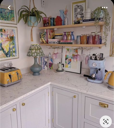 Colourful Kitchen Aesthetic, Cute Small Kitchen Decor Ideas Apartments, Mod Home Decor, Kitchen Decor Eclectic, Colorful Kitchen Utensils, Opal House Decor, Cool Kitchen Decor, Colorful Coffee Bar, Cottage Core Apartment Decor