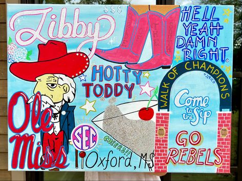 Preppy Ole Miss Paintings, College Dorm Painting Ideas, Preppy Cowgirl Paintings, Ole Miss Preppy Painting, Ole Miss Wall Art, Ole Miss Painting, Ole Miss Art, College Painting Canvases, College Canvas Paintings