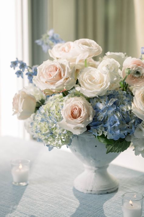 Portfolio Peach And Blue Wedding Centerpieces, Light Blue And Blush Pink Wedding, Blue And Pink Flower Arrangements, Pink And Blue Flower Arrangements, Rose And Blue Wedding, Pastel Centerpieces, Pink Hydrangea Bouquet, July Wedding Colors, Soft Blue Wedding