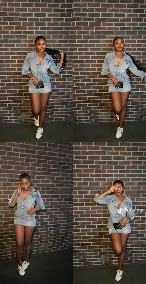 Birthday Denim Outfit, Denim One Piece Outfit, Denim Set Black Women, Denim Party Outfit For Women, Birthday Outfit With Sneakers, Off White Outfits For Black Women, Jean Dress Outfit Black Women, Denim Dress Outfit Black Women, White And Denim Outfits