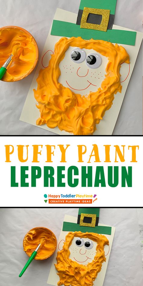 Adorable Puffy Paint Leprechaun Craft for Kids - Happy Toddler Playtime Leprechaun Craft, Kindergarten Craft, March Themes, St Patricks Day Crafts For Kids, St Patrick Day Activities, Puffy Paint, St Patrick's Day Crafts, Learn Crafts, Easy Craft