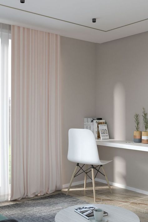 Taupe Wall with Soft Pink Curtain for Living Room Pale Yellow Curtains, Curtain Color Ideas, Curtain Colors, Pink Curtain, Taupe Walls, Beige Curtains, Curtain For Living Room, Yellow Curtains, Pink Curtains