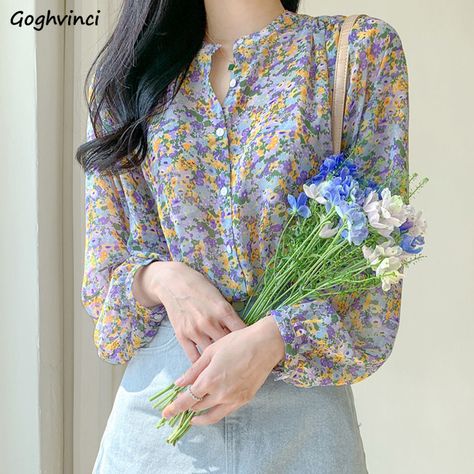 Smarter Shopping, Better Living! Aliexpress.com Korean Shirt, Printed Chiffon Blouse, Winter Blouses, Ladies Chiffon Shirts, Floral Shirt Women, Chiffon Tops Blouses, Fashion Stand, Chiffon Fashion, Shirts Women