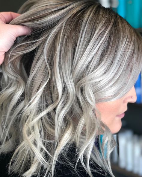 Icy blonde balayage Icy Blonde Dark Lowlights, Blonde Hair Inspiration With Lowlights, Blonde And Light Brown Hair Color, Icy Grey Blonde Hair Balayage, Summer Ash Blonde Hair, Blending Grey Hair With Blonde, Icy Grey Blonde Hair, Blonde Gray Hair Color Ideas, Blending Gray Hair With Blonde