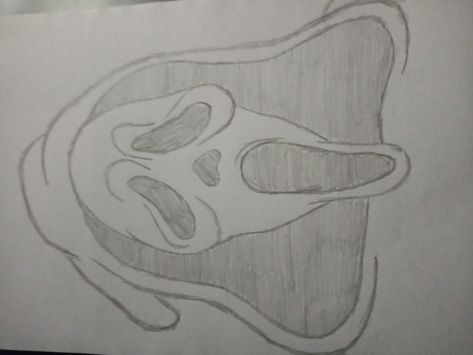 Ghost Face Sketch Easy, Easy Scream Drawing, Spooky Sketches Halloween, Drawings Of Ghost Face, Ghost Face Drawing Sketch, Ghost Face Drawing Scream, Ghostface Doodle, Things To Sketch When Bored, Ghostface Desenho