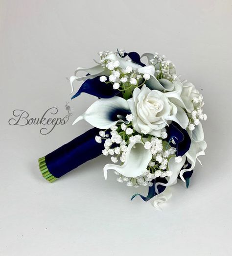 Navy Blue Bridal Bouquet, Lily And Rose Bouquet, Navy Bridal Bouquet, Bouquet Navy Blue, Navy Blue Bouquet, White Calla Lily Bouquet, Blue Bridal Bouquet, Calla Lily Bouquet Wedding, White Calla Lily