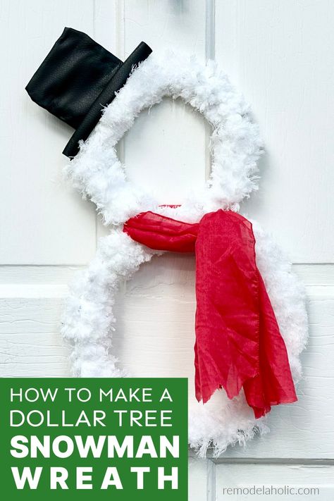 snowman wreath made from Dollar Tree materials Loop Yarn Snowman, How To Make Snowman Wreath, Dollar Tree Mop Wreath, Winter Wreath Diy Dollar Stores, Snowmen Wreaths Diy, Diy Xmas Wreath Ideas, Snowman Wreaths For Front Door, Reindeer Wreath Diy, Diy Christmas Wreaths For Front Door Dollar Tree