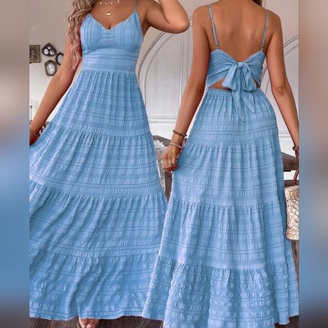 Summer Casual Backless Tie Strap Ruffle Hem Cami Dress Long Blue Dress Casual, Blue Maxi Dresses, Preppy Business, Winter Blazer, Dress Professional, Blazer Blouse, Winter Sweater Dresses, Strapless Evening Gowns, Preppy Prom